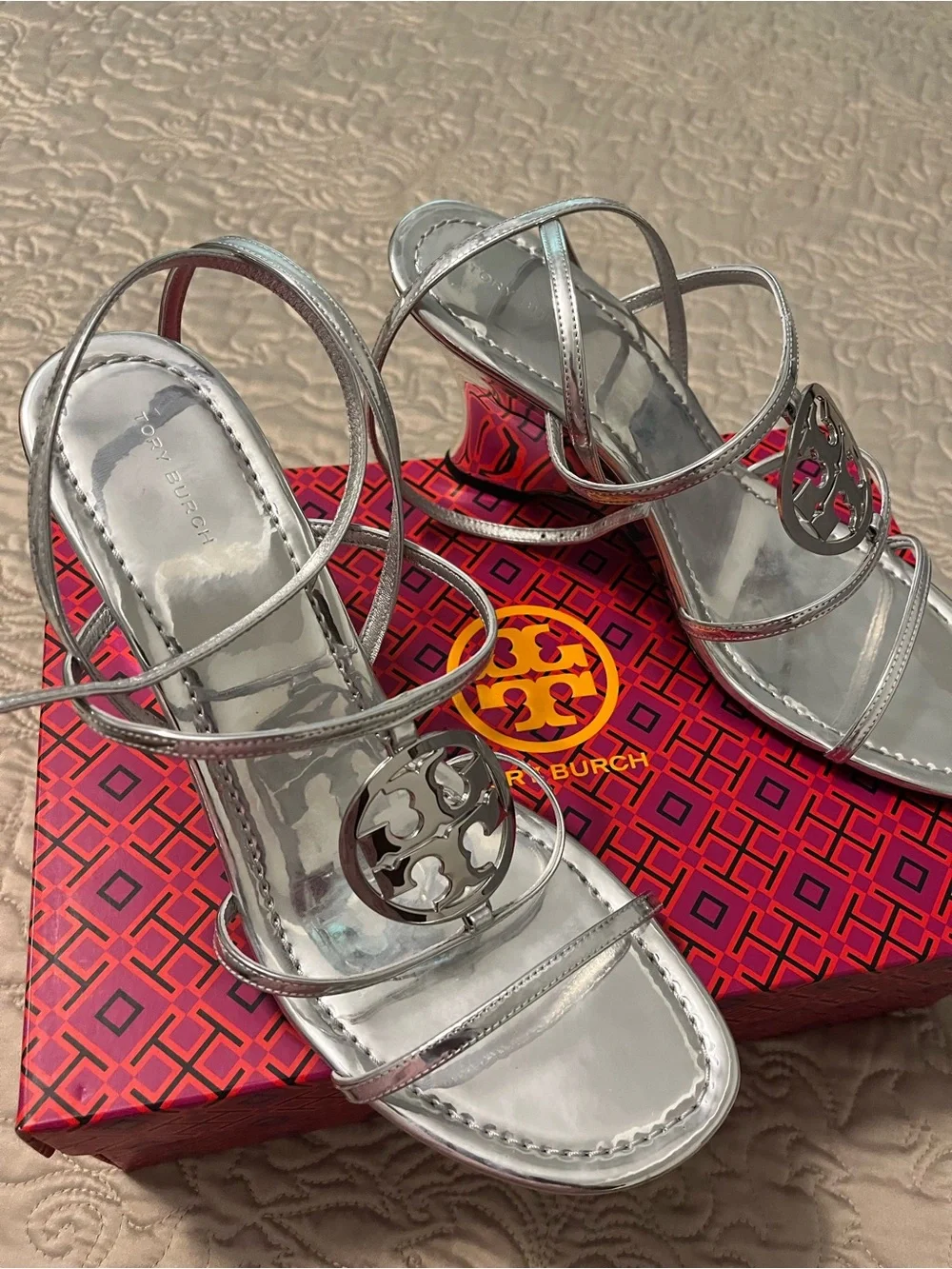 Tory Burch Metallic Silver Logo Strappy Sandals
